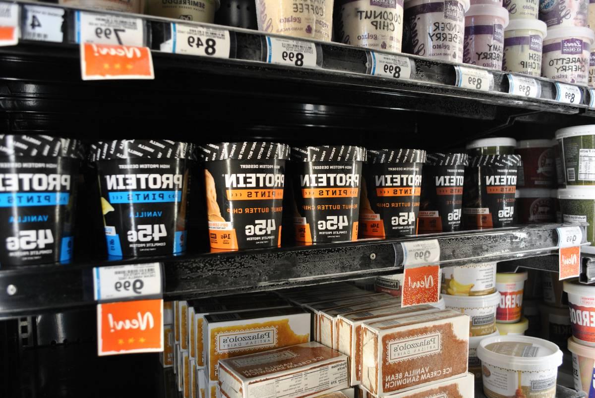 Protein Pints on the shelf at Bridge Street Market in a freezer